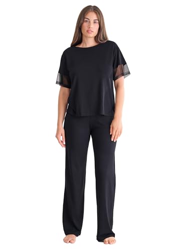 Lisca Pyjama Lange Hose, Shirt Kurzarm Sia | hoher Viskose Anteil | Oberteil mit Rundhals-Ausschnitt | Cut-Outs mit Tüll unterlegt | 2XL Black