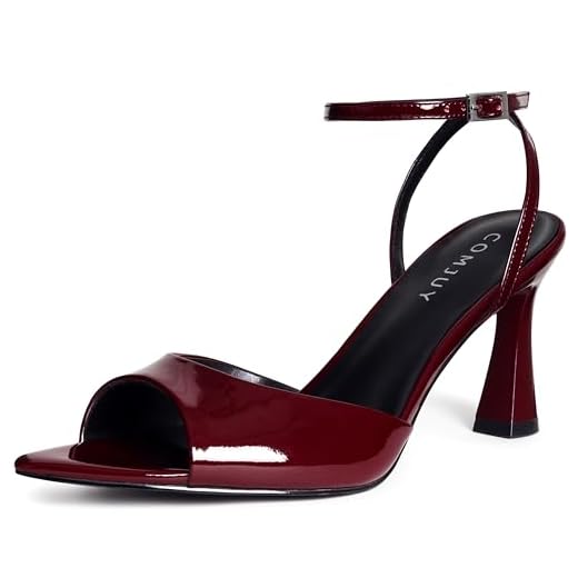 COMJUY Burgundy Heels Sandals for Women 3 1/8 Inch Kitten Heeled Sandals Peep Toe Flared Heels With Ankle Strappy Leather Sandals Wedding Party Prom Sexy Dress Shoes Size 9