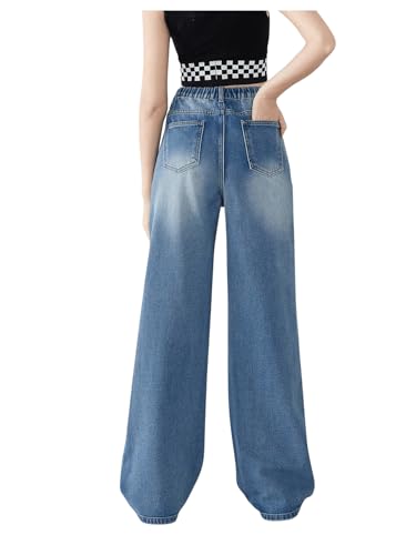 OYOANGLE Girl's Elastic Waist Wide Leg Jean Denim Pants Streetwear Long Pants with Pocket2