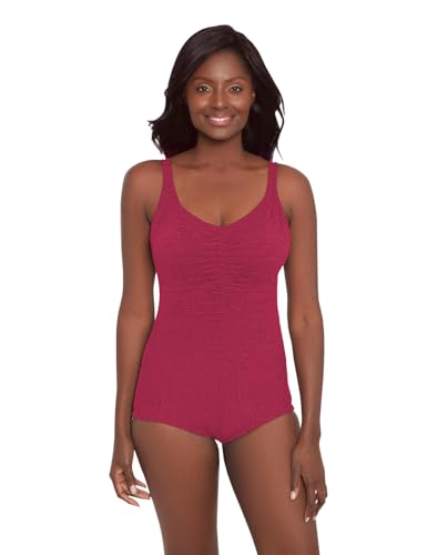 Women's Krinkle Chlorine Resistant Shirred Front Girl Leg One Piece Swimsuit Poppy - Red - 12