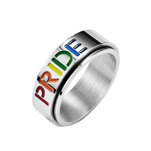 Mesnt Verlobungsringe, Männer Frauen Hochzeit Ringe LGBT Spinner Ring mit Regenbogen Pride 6MM, 8MM-Silber, Größe 60 (19.1)