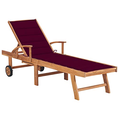 SKM Tumbona con cojín Rojo Tinto Madera Maciza de Teca,Mobiliario,Muebles de jardín,Asientos de Exterior,Tumbonas,Rojo,21.31 kg,3063015