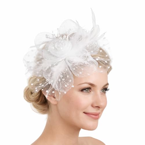 TRYDOBST Fascinator Hat for Women with Flower Cocktail Mesh Feathers Hair Clip for Tea Party Wedding (White)