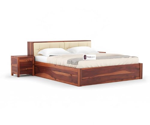 Image of Sheesham Wood King Size Bed with Box Storage and Cream Upholstered Headboard Solid Wooden Double Bed Furniture for Bedroom (Honey, Headboard King 1)