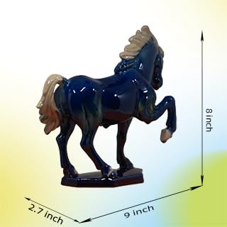 Ceramic Horse Sculpture -8 inch Hand Made Tri-Color Cultural Art Piece,Museum Collection Inspired Home and Office Decor (Blue)