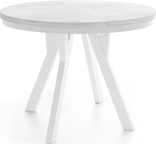 WFL GROUP Runder Ausziehbarer Esstisch im Loft-Stil – Industrieller Tisch mit Weißen Holzbeinen – Platzsparender Esstisch für Wohnzimmer – Kiefer Weiß – 80 bis 160 cm