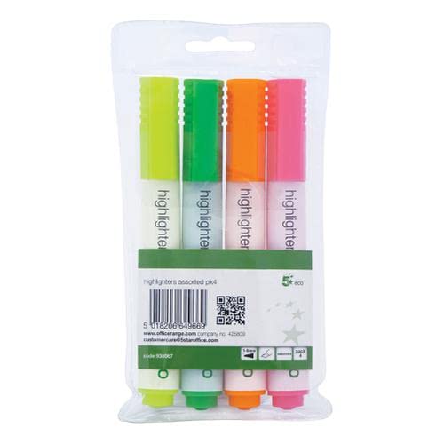 5 Star Eco Highlighter Chisel Tip 1-5mm Line Wallet Assorted [Pack 4]+Free Finchley Refell Pen