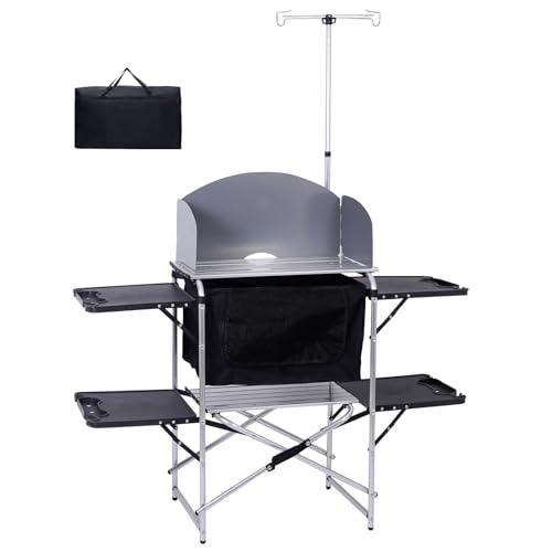 CDEN Kitchen Camping Table, Camping Kitchen Station, Camping Table, Portable Grill Table, Picnic Table with Cabinet Storage, 4 Side Table, Windshield, Light Stand, Outdoor (Black)