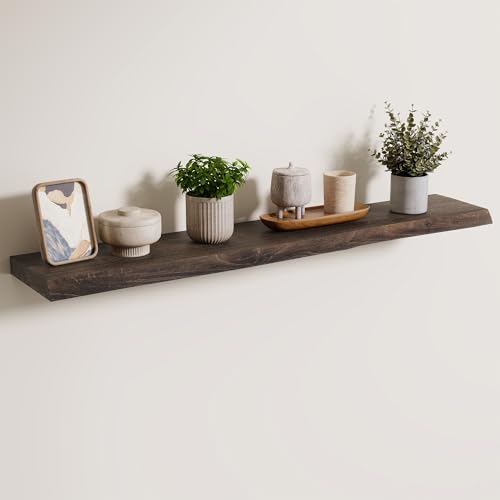 Image of Axeman 40 inch Floating Shelves for Wall Live Edge, Walnut | 8'' D Rustic Solid Elm Wood, Wall Mounted, Wall Shelves, Invisible Bracket, Living Room Bedroom Kitchen