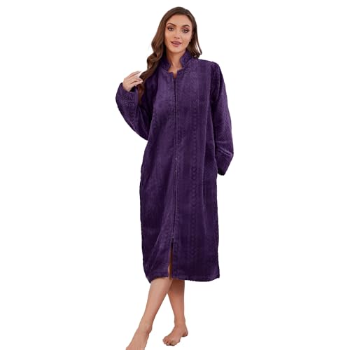 Image of LYCY Women Plush Zipper Robe, Long Fleece House Coat Nightgown with Pockets Solid Bathrobe