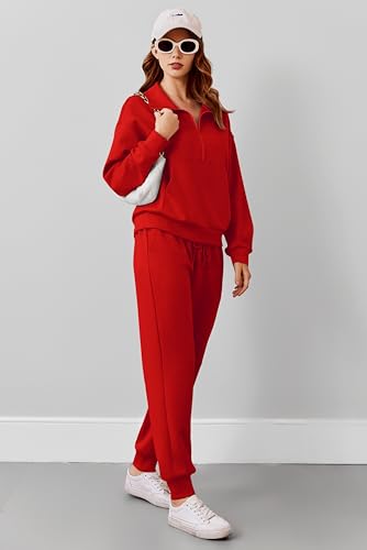 Image of PINSPARK 2 Piece Sets for Women Long Sleeve Half Zip Tracksuit Jogger Sets | 2026 Fall Travel Outfits Lounge Set, Lightweight Soft Air Layer Fabric, Kangaroo Pocket Sweatshirt, Drawstring Joggers Pants