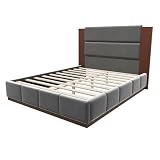 Upholstered Queen Platform Bedframe with Extended Wood Headboard, Grey