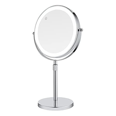 Nicesail LED Lighted Tabletop Makeup Mirror of 8 Inch, Rechargeable Mirror with Light of 3 Colors, Brightness Adjustable, Height Adjustable, Double Sided Mirror in Chrome Finish (8 Inch, 7X) Cover