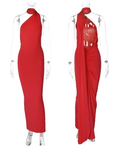 Image of Suillty Women's Sexy Oblique Shoulder Backless Maxi Dress Ruched Back Strap Sleeveless Party Club Long Dresses Bodycon