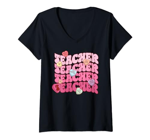 Damen Groovy Teacher Tee für Valentinstag, Lehrer Valentinstag T-Shirt mit V-Ausschnitt