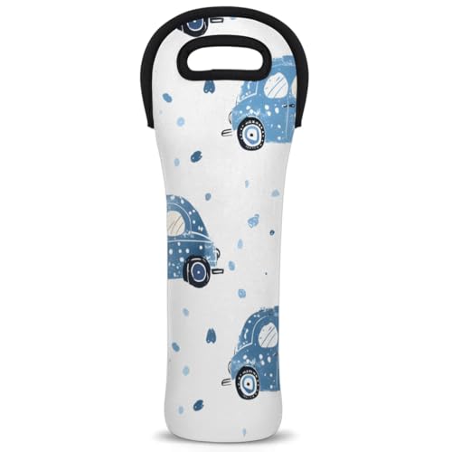 Neoprene Wine Tote Carrier Bag for Wine,Water, Champagne, Beer, Baby Bottles 15.6 x 5.1 Inches, Protective Wine Bag,Blue Cars