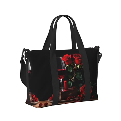 Red Rose and Wine Romantic Lovers Decor print Travel Duffel Bag,workout duffel bag, overnight shoulder Bag,Weekender Bag for Women Men3