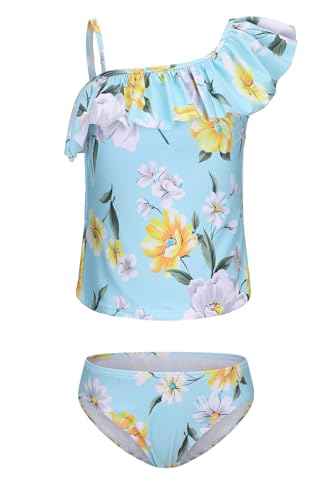 Image of Girls Two Piece Tankini Swimsuits Tie Dye Bathing Suit for Kids One Shoulder Swimwear 3-16 Years