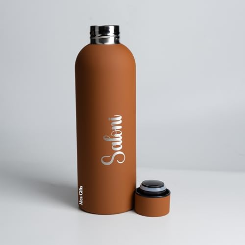 Image of AICA Personalized Name Stainless Steel Water Bottle -500ml - 12 Hrs Hot & 18hHs Cold (Tanbrown) |Customised Gift For Man Woman Girl Boy