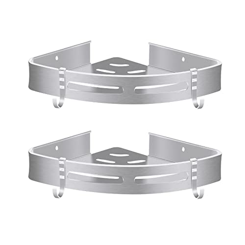 iophi Etagere Douche Sans Percage, 2 Pièces Etagere Salle de Bain Sans Percage Etagere Angle Matériau en Aluminium Auto-AdhéSif avec 4 Crochets Mobiles,étagère Douche pour Cuisines et Salles de Bain Cover