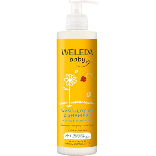 WELEDA Bio Calendula Baby XL Waschlotion & Shampoo vegan - Naturkosmetik Duschgel zur Hautpflege / Haarpflege bei Neugeborenen. Babypflege Dusche für empfindliche Haut, mild zu den Augen (1x 400ml)