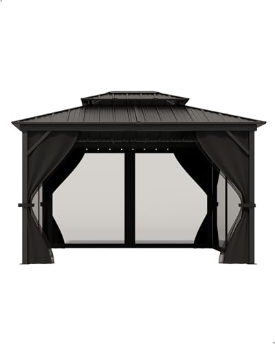 10x14 Ft Hardtop Gazebos with Heavy Duty Double Roof, Nettings and Curtains Galvanized Steel Outdoor Gazebos for Patio, Backyard, Deck, Lawn (Grey)