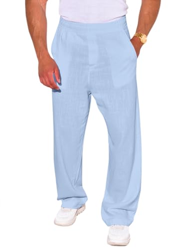 PASLTER Mens Linen Cotton Pants Casual Loose Fit Straight-Leg Lightweight Elastic Waist Beach Yoga Lounge Trousers for Men, Blue, X-Large