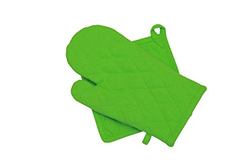 Oven Mitt & Pot Holder Set, Pack of 2, Premium Heat Resistant Kitchen Wares, Cotton Fabric Quilted, Lime Green, Plain, Machine Washable and Heat Resistant Pocket Mitts for Kitchen Cooking and Baking - Thumbnail 4