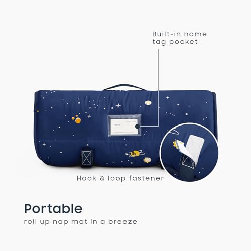 Image of Wake In Cloud - Toddler Nap Mat with Pillow and Blanket, 100% Cotton Fabric, for Kids Boys Ages 3 Plus in Daycare Kindergarten Preschool, Roll Up Sleeping Bag, Galaxy Spaces