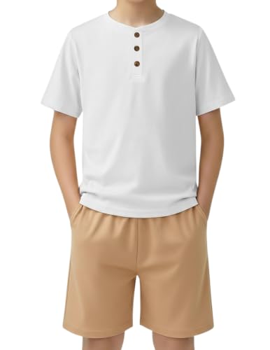 Image of Arshiner Boy's Textured Button Up Shirt and Shorts Set 2 Piece Summer Beach Outfit for 5~12 Years Kids