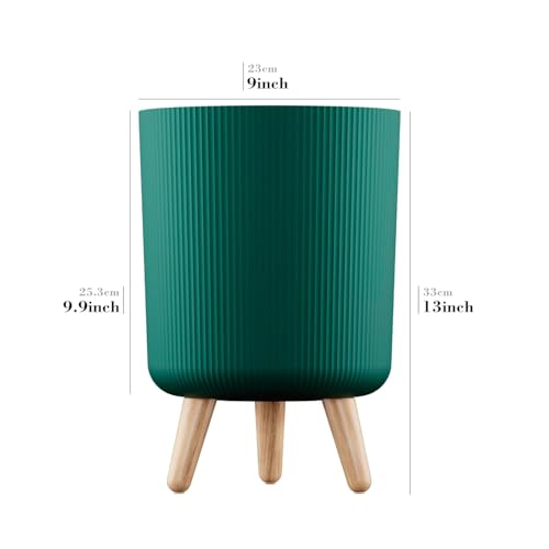 Image of Modern Green Plant Pot with Stand | Ribbed Plastic Flower Planter with Wooden Legs for Indoor Outdoor Home, Balcony & Garden Decor (Pack of 2)