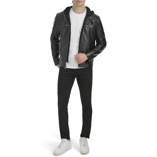 Kenneth Cole Men's Faux Leather Moto with Jersey Attached Hood