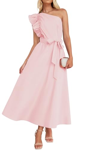 ZESICA Womens 2025 Summer One Shoulder Ruffle Dress Sleeveless Empire Waist Boho Flowy Maxi Dresses Pink Medium