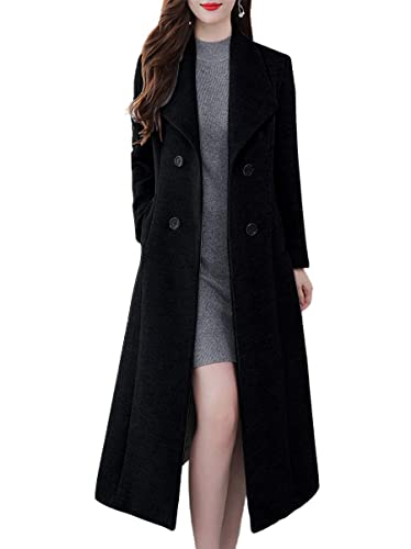ebossy, Langer Damen-Trenchcoat mit Schalkragen, Zweireihig, Unterhalb des Knies, Schmale Wolle, Schwarz, M