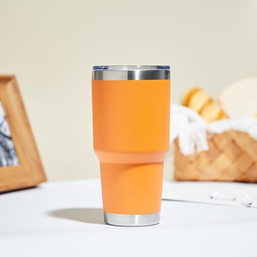 Image of MEWAY 30oz Insulated Tumbler With Lids and Straws,Stainless Steel Double Vacuum Coffee Tumbler Cup, Brush, Durable Powder Coated Coffee Cup for Cold & Hot Drinks, Office, Travel(Orange,8 PACK)