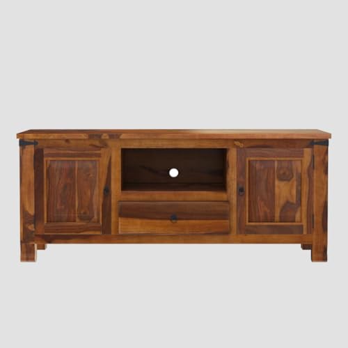 Image of Sheesham Rosewood, 1 Drawer Solid Wood TV Entertainment Unit | Wooen TV Cabinet Living Room & Office Honey Finish