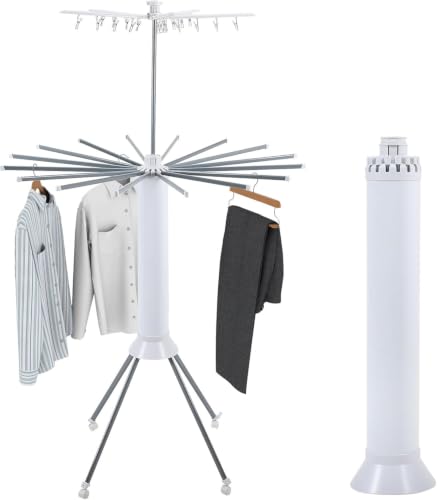 Image of TEX-RO Octopus Foldable Rotating Clothes Drying Rack, 360 Multi-Layer Laundry Drying Stand with Lockable Wheels, Heavy Duty Space Saving Cloth Dryer Stand for Home & Balcony, White