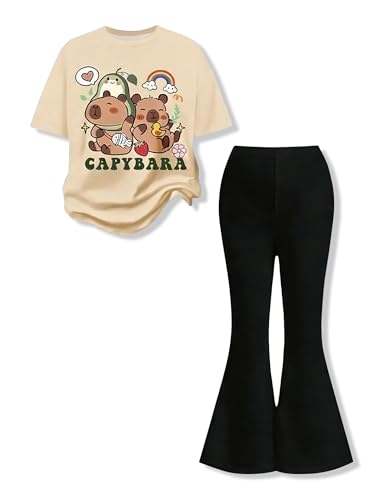 Image of Ayzozuy Tween Girls 2 Piece Outfits Short Sleeve Cartoon Graphic T-Shirt & Flared Pants Kids Clothing Set Size 8-13 Years
