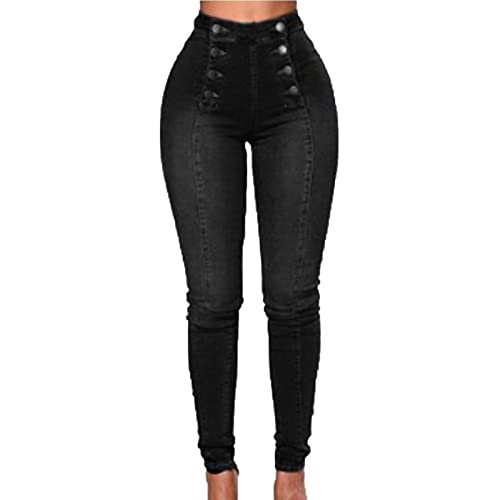 Women's High Waist Button Down Skinny Jeans Double Breasted Butt Lift Slim Fit Denim Pants Stretch Jean Trousers (Black,Large)