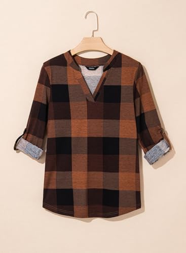 Image of Dokotoo Womens Tops Plaid Cotton Cuffed 3 /4 Sleeve Shirts Blouses