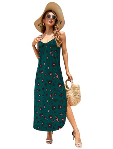 Image of HUSKARY Women's Summer Casual Sleeveless V Neck Strappy Split Loose Dress Beach Cover Up Long Cami Maxi Dresses with Pocket