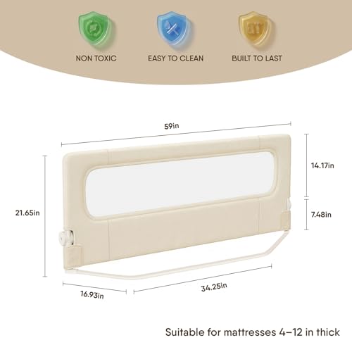 TodiNest Folding Bed Rail for Toddlers, Baby Bed Rail Guard with Reinforced Anchor Safety System, Toddler Bed Rails for King Size Beds, Twin, Full, Queen (Khaki, 59\" L x 21.6\" H)