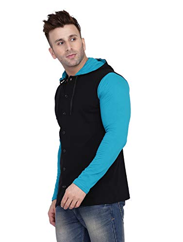 Image of Geum Men's Full Sleeve Hooded T-Shirt with Button-Down Front | Casual Slim Fit Cotton Shirt-Style Tee