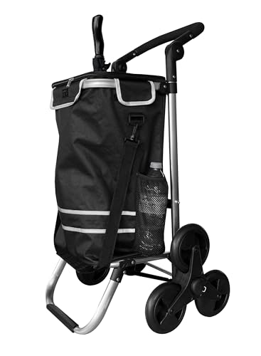Faltbarer Aluminium Einkaufstrolley 57L (48L + 9L Kühlfach) Schwarz 50kg Traglast 35x45x98cm Eva Treppenräder Ø32cm Klappbar Als Sackkarre & Umhängetasche nutzbar Einkaufswagen Haken