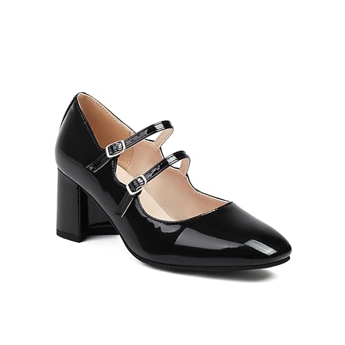 Women’s Mary Jane Block Heel Dress Shoes Retro Double Strap Chunky Heel Round Toe Pumps Shiny Party Wedding Formal Events