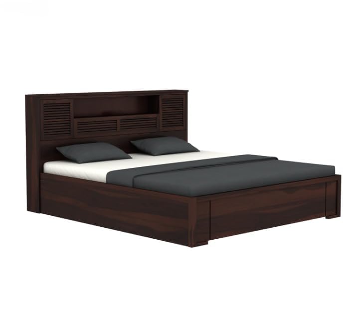 Image of Solid Wood Bed with Storage | Modern Wooden Bed with Slatted Headboard | Strong & Durable Bed Frame for Bedroom Home & Hotel (Walnut Finish, King)