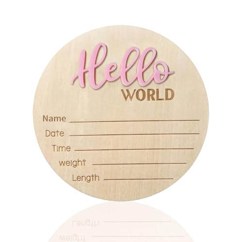 Image of Baby Announcement Sign - 5.9 Inch Wooden Hello World Newborn Sign, Birth Announcement, Baby Shower Hospital Nursery for Newborn Boys and Girls (Pink)