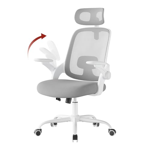 WOLTU Sedia Ufficio Ergonomica con Poggiatesta e Braccioli Regolabili, Supporto Lombare, Poltrona Scrivania Girevole in Rete Traspirante Funzione Dondolo, Grigio Chiaro