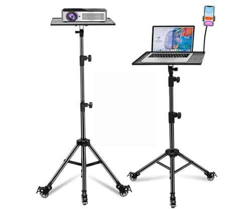 Image of Metal PW5 Wheel Projector Tripod Stand, Laptop /Mobile stand, Portable Height up to 5 feet Tiltable Rolling Laptop with Phone Holder, DJ,Office Multi-Purpose