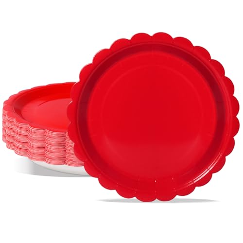 PYAILI 50 Assiettes en Carton - Set Anniversaire 23cm (Bord Crénelé Rouge) pour Fêtes de Fin d'Année, Nouvel An et Anniversaires